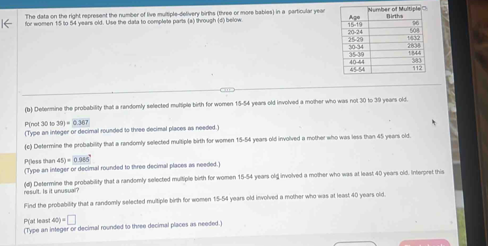 The data on the right represent the number of live multiple-delivery births (three or more babies) in a particular year
for women 15 to 54 years old. Use the data to complete parts (a) through (d) below. 
(b) Determine the probability that a randomly selected multiple birth for women 15-54 years old involved a mother who was not 30 to 39 years old.
P(not 30 to 39)= 0.367
(Type an integer or decimal rounded to three decimal places as needed.) 
(c) Determine the probability that a randomly selected multiple birth for women 15-54 years old involved a mother who was less than 45 years old.
P(less than 45)=0.985
(Type an integer or decimal rounded to three decimal places as needed.) 
(d) Determine the probability that a randomly selected multiple birth for women 15-54 years old involved a mother who was at least 40 years old. Interpret this 
result. Is it unusual? 
Find the probability that a randomly selected multiple birth for women 15-54 years old involved a mother who was at least 40 years old.
P(at least 40)=□
(Type an integer or decimal rounded to three decimal places as needed.)
