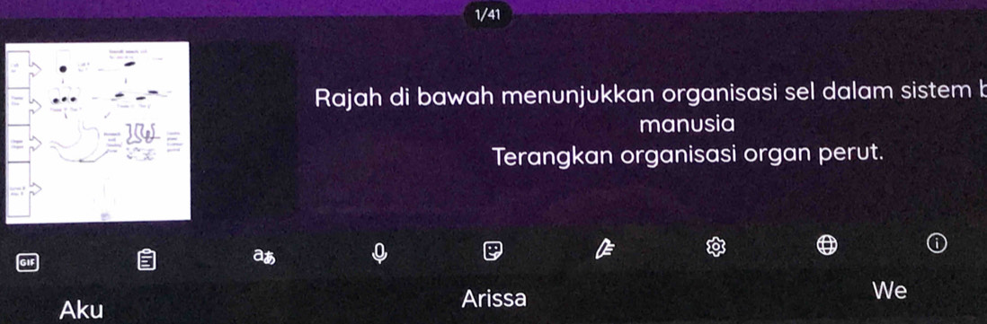 1/41 
Rajah di bawah menunjukkan organisasi sel dalam sistem b 
manusia 
Terangkan organisasi organ perut. 
a 
1 
We 
Aku 
Arissa