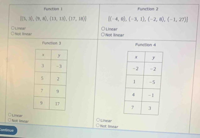 Function 1 Function 2
 (5,3),(9,8),(13,13),(17,18)  (-4,0),(-3,1),(-2,8),(-1,27)
Linear Linear
Not linear Not linear
Function 3 Function 4

Linear Linear
Not linear Not linear
Continue