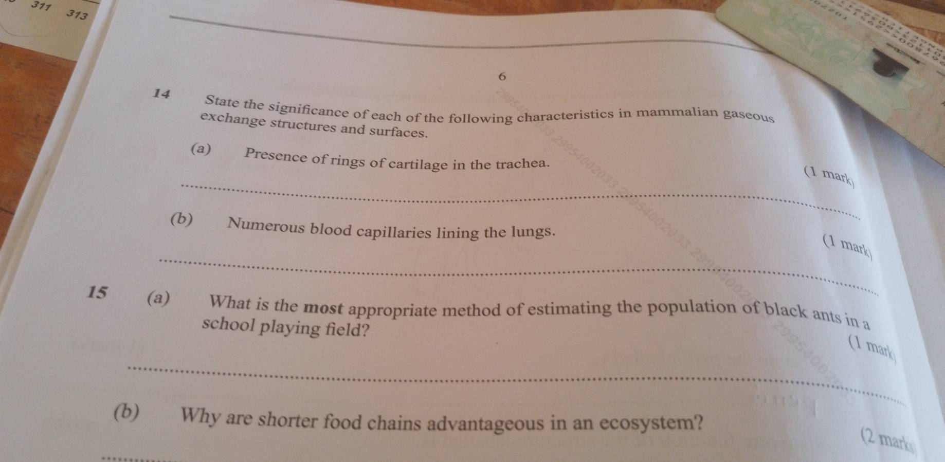 311 313 
_ 
_ 
6 
14 State the significance of each of the following characteristics in mammalian gaseous 
exchange structures and surfaces. 
(a) Presence of rings of cartilage in the trachea. 
_ 
(1 mark) 
(b) Numerous blood capillaries lining the lungs. 
_ 
(1 mark) 
15 (a) What is the most appropriate method of estimating the population of black ants in a 
school playing field? 
_ 
(1 mark 
(b) Why are shorter food chains advantageous in an ecosystem? 
(2 mark