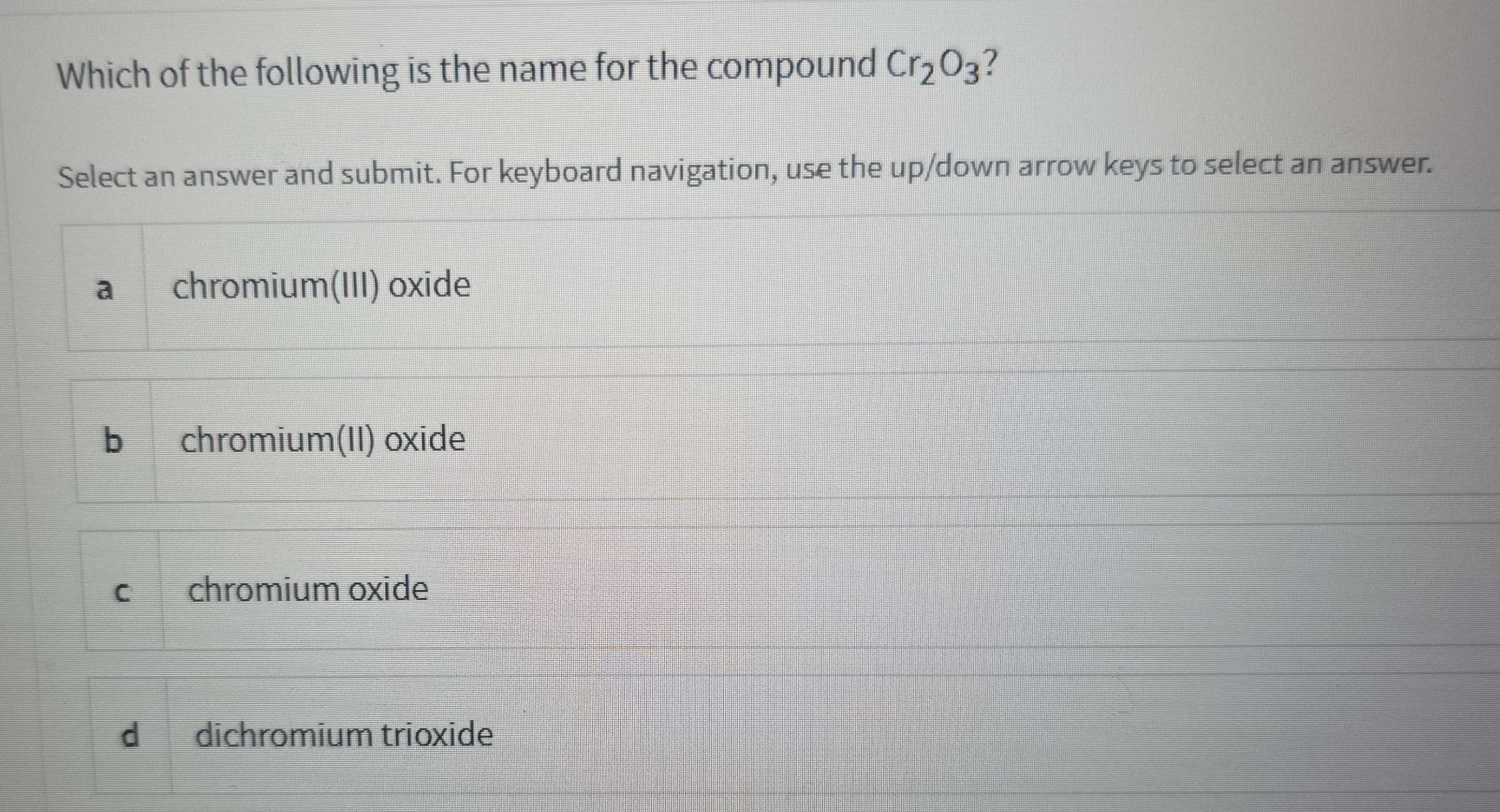 Solved: Which of the following is the name for the compound Cr_2O_3 ...