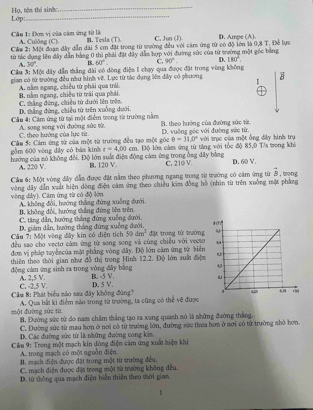 Họ, tên thí sinh:
_
Lớp:
_
Câu 1: Đơn vị của cảm ứng từ là
A. Culông (C). B. Tesla (T). C. Jun (J). D. Ampe (A).
Câu 2: Một đoạn dây dẫn dài 5 cm đặt trong từ trường đều với cảm ứng từ có độ lớn là 0,8 T. Để lực
từ tác dụng lên dây dẫn bằng 0 thì phải đặt dây dẫn hợp với đường sức của từ trường một góc bằng
A. 30°. B. 60°. C. 90°. D. 180°.
Câu 3: Một dây dẫn thắng dài có dòng điện I chạy qua được đặt trong vùng không
gian có từ trường đều như hình vẽ. Lực từ tác dụng lên dây có phương
B
I
A. nằm ngang, chiều từ phải qua trái.
B. nằm ngang, chiều từ trái qua phải.
C. thẳng đứng, chiều từ dưới lên trên.
D. thẳng đứng, chiều từ trên xuống dưới.
Câu 4: Cảm ứng từ tại một điểm trong từ trường nằm
A. song song với đường sức từ. B. theo hướng của đường sức từ.
C. theo hướng của lực từ. D. vuông góc với đường sức từ.
Câu 5: Cảm ứng từ của một từ trường đều tạo một góc θ =31,0° với trục của một ống dây hình trụ
gồm 600 vòng dây có bán kính r=4,00cm l. Độ lớn cảm ứng từ tăng với tốc độ 85,0 T/s trong khi
hướng của nó không đổi. Độ lớn suất điện động cảm ứng trong ống dây bằng
A. 220 V. B. 120 V. C. 210 V. D. 60 V.
Câu 6: Một vòng dây dẫn được đặt nằm theo phương ngang trong từ trường có cảm ứng từ vector B , trong
vòng dây dẫn xuất hiện dòng điện cảm ứng theo chiều kim đồng hồ (nhìn từ trên xuống mặt phăng
vòng dây). Cảm ứng từ có độ lớn
A. không đổi, hướng thắng đứng xuống dưới.
B. không đổi, hướng thắng đứng lên trên.
C. tăng dần, hướng thắng đứng xuống dưới.
D. giảm dần, hướng thắng đứng xuống dưới. 
*  Câu 7: Một vòng dây kín có diện tích 50dm^2 đặt trong từ trường
đều sao cho vectơ cảm ứng từ song song và cùng chiều với vectơ
đơn vị pháp tuyếncủa mặt phẳng vòng dây. Độ lớn cảm ứng từ biến
thiên theo thời gian như đồ thị trong Hình 12.2. Độ lớn suất điện
động cảm ứng sinh ra trong vòng dây bằng
A. 2,5 V. B. -5 V. 
C. -2,5 V. D. 5 V.
Câu 8: Phát biểu nào sau đây không đúng? 
A. Qua bất kì điểm nào trong từ trường, ta cũng có thể vẽ được
một đường sức từ.
B. Đường sức từ do nam châm thằng tạo ra xung quanh nó là những đường thắng.
C. Đường sức từ mau hơn ở nơi có từ trường lớn, đường sức thưa hơn ở nơi có từ trường nhỏ hơn.
D. Các đường sức từ là những đường cong kín.
Câu 9: Trong một mạch kín dòng điện cảm ứng xuất hiện khi
A. trong mạch có một nguồn điện.
B. mạch điện được đặt trong một từ trường đều.
C. mạch điện được đặt trong một từ trường không đều.
D. từ thông qua mạch điện biến thiên theo thời gian.