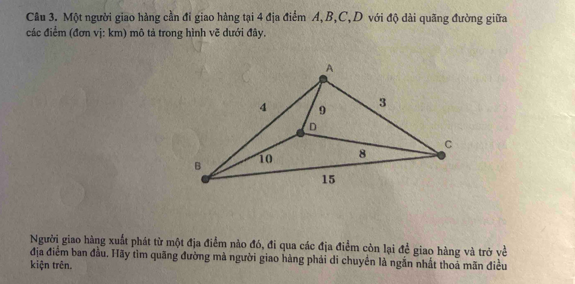 Một người giao hàng cần đi giao hàng tại 4 địa điểm A, B, C, D với độ dài quãng đường giữa 
các điểm (đơn vị: km) mô tả trong hình vẽ dưới đây. 
Người giao hàng xuất phát từ một địa điểm nào đó, đi qua các địa điểm còn lại để giao hàng và trở về 
địa điểm ban đầu. Hãy tìm quãng đường mà người giao hàng phải di chuyển là ngắn nhất thoả mãn điều 
kiện trên.