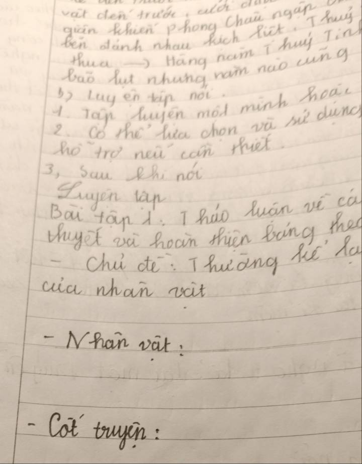 vait den frute, ald ol 
gian thien phong Chai ngan 
ten danh nhou hich fict. T huy 
Hhua-> Hang nam T huy Tin) 
bao lut whang raim noo cng 
b) Luy en háān not 
1. Toin Wuyen mod mink hoad 
2. Co the' lia chon vi sè dunc? 
ho tro ne con thit 
3, Sau Zhi not 
srayon lan 
Bai tān . Tháo luán vé cā 
thuget au hooin thien Boing they 
-chii de: Thang hé fa 
aia whan vcit 
- Nhan vat : 
- Cot twyin :