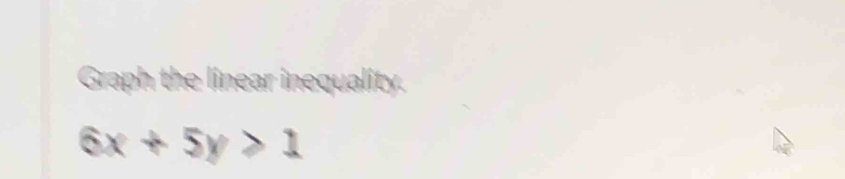 Graph the linear inequality.
6x+5y>1