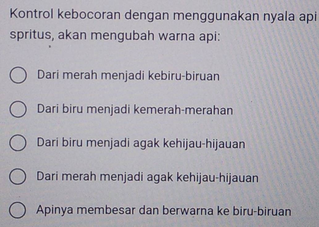 Kontrol kebocoran dengan menggunakan nyala api
spritus, akan mengubah warna api:
Dari merah menjadi kebiru-biruan
Dari biru menjadi kemerah-merahan
Dari biru menjadi agak kehijau-hijauan
Dari merah menjadi agak kehijau-hijauan
Apinya membesar dan berwarna ke biru-biruan