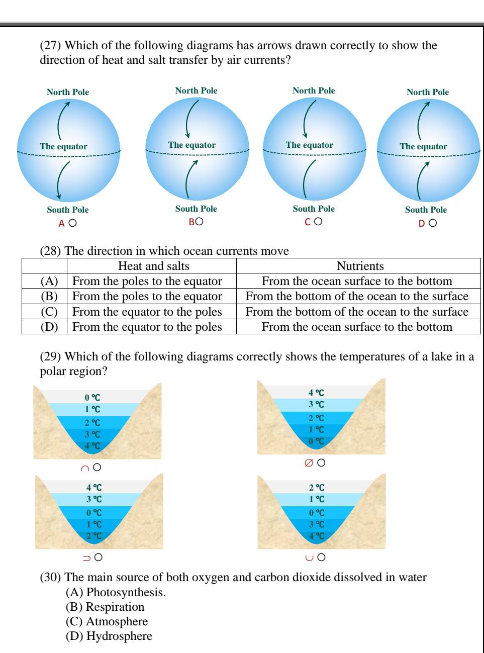 (27) Which of the following diagrams has arrows drawn correctly to show the
direction of heat and salt transfer by air currents?
North Pole
The equator 
South Pole
AO
(28) The direction in which ocean currents move
Heat and salts Nutrients
(A) From the poles to the equator From the ocean surface to the bottom
(B) From the poles to the equator From the bottom of the ocean to the surface
(C) From the equator to the poles From the bottom of the ocean to the surface
(D)⊥ From the equator to the poles From the ocean surface to the bottom
(29) Which of the following diagrams correctly shows the temperatures of a lake in a
polar region?
0°C
4°C
1°C
3°C
2°C
2°C
3°C
1°C
4°C
0°C
4°C
2°C
3°C
1°C
0°C
0°C
1°C
3°C
2°C
4°C
(30) The main source of both oxygen and carbon dioxide dissolved in water
(A) Photosynthesis.
(B) Respiration
(C) Atmosphere
(D) Hydrosphere