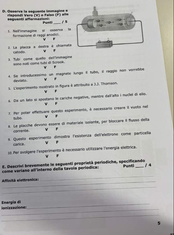 Osserva la seguente immagine e
rispondi Vero (V) o Falso (F) alle
seguenti affermazioni:
Punti _/ 5
1. Nell'immagine si osserva la
formazione di raggi anodici.
F
2. La placca a destra è chiamata
catodo. v F
3. Tubi come quello dell'îimmagine
sono noti come tubi di Scrook.
V F
4. Se introducessimo un magnete lungo il tubo, il raggio non vorrebbe
deviato. V F
5. L'esperimento mostrato in figura è attribuito a J.J. Thomson.
V F
6. Da un lato si spostano le cariche negative, mentre dall'alto i nuclei di elio.
V F
7. Per poter effettuare questo esperimento, è necessario creare il vuoto nel
tubo. V F
8. Le placche devono essere di materiale isolante, per bloccare il flusso della
corrente. V F
9. Questo esperimento dimostra l’esistenza dell'elettrone come particella
carica . V F
10. Per svolgere l'esperimento è necessario utilizzare l'energia elettrica.
V F
E. Descrivi brevemente le seguenti proprietà periodiche, specificando
come variano all’interno della tavola periodica: Punti _/ 4
_
Affinità elettronica:
_
_
Energia di_
ionizzazione:
_
5