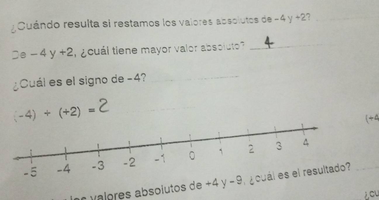 Cuándo resulta si restamos los valores absolutos de -4y+2 2 
_
De-4y+2 ¿ cuál tiene mayor valor absoluto? 
_ 
¿Cuál es el signo de −4?_
(-4)+(+2)=
(÷4 
alores absoiutos de +4y-9
icu