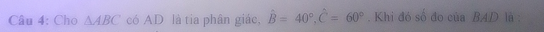 Cho △ ABC có AD là tia phân giác, hat B=40°, hat C=60°. Khi đó số đo của BAD là :