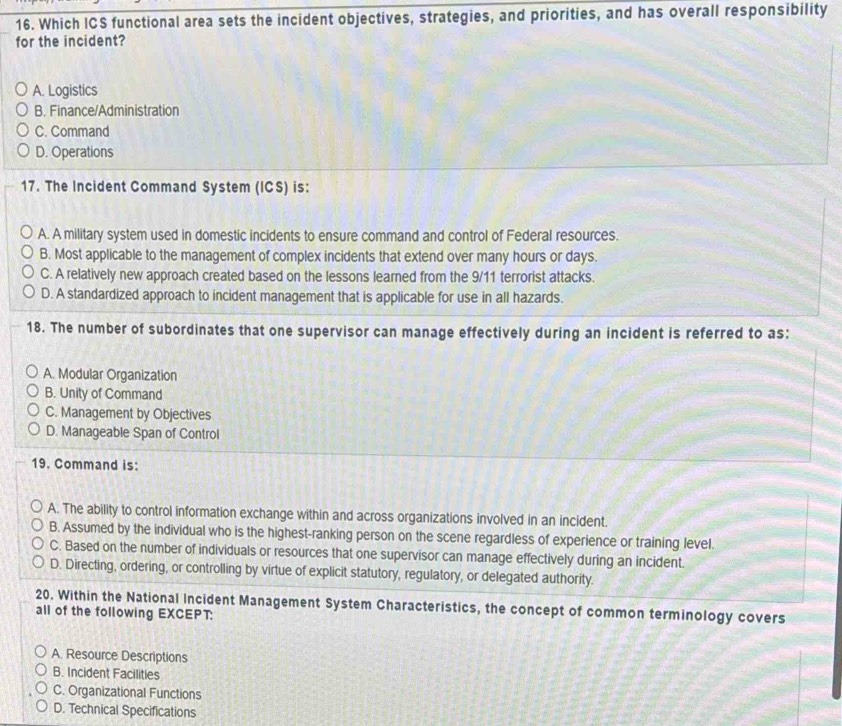 Solved: Which ICS functional area sets the incident objectives ...