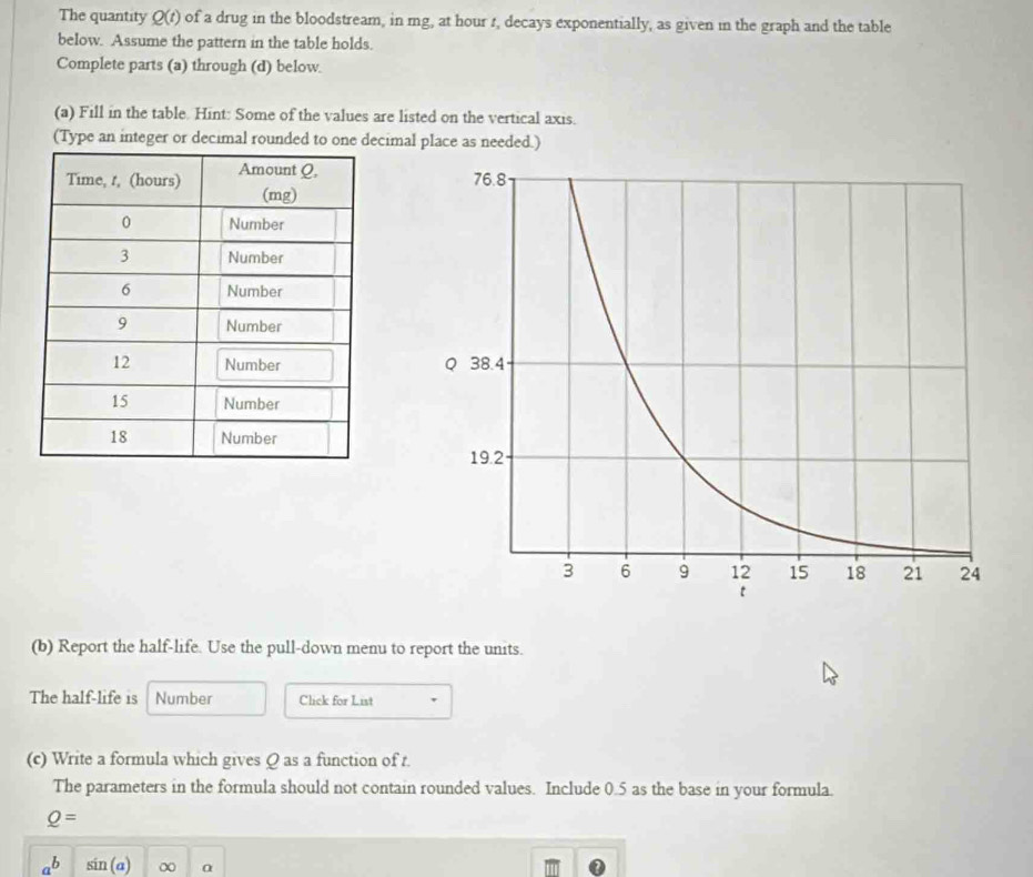 The quantity Q(t) of a drug in the bloodstream, in mg, at hour r, decays exponentially, as given in the graph and the table 
below. Assume the pattern in the table holds. 
Complete parts (a) through (d) below. 
(a) Fill in the table. Hint: Some of the values are listed on the vertical axis. 
(Type an integer or decimal rounded to one decimal place as needed.) 
(b) Report the half-life. Use the pull-down menu to report the units. 
The half-life is Number Click for List 
(c) Write a formula which gives Q as a function of t. 
The parameters in the formula should not contain rounded values. Include 0.5 as the base in your formula.
Q=
a^b sin (a) a