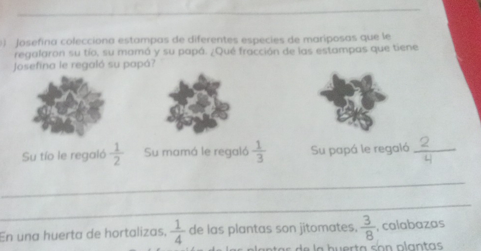 ) Josefína colecciona estampas de diferentes especies de mariposas que le 
regalaron su tío, su mamá y su papá. ¿Qué fracción de las estampas que tiene 
Josefina le regaló su papá? 
Su tío le regaló  1/2  Su mamá le regaló  1/3  Su papá le regaló_ 
_ 
_ 
En una huerta de hortalizas,  1/4  de las plantas son jitomates,  3/8  , calabazas