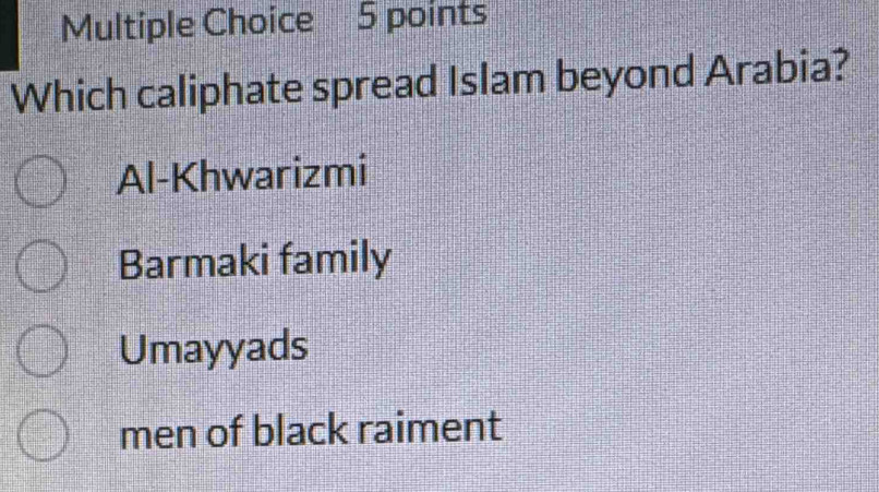 Which caliphate spread Islam beyond Arabia?
Al-Khwarizmi
Barmaki family
Umayyads
men of black raiment