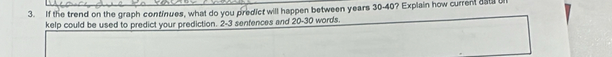 If the trend on the graph continues, what do you predict will happen between years 30 - 40? Explain how current data 
kelp could be used to predict your prediction. 2 - 3 sentences and 20-30 words.