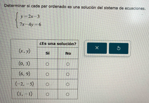 Determinar si cada par ordenado es una solución del sistema de ecuaciones.
beginarrayl y=2x-3 7x-4y=6endarray.
×