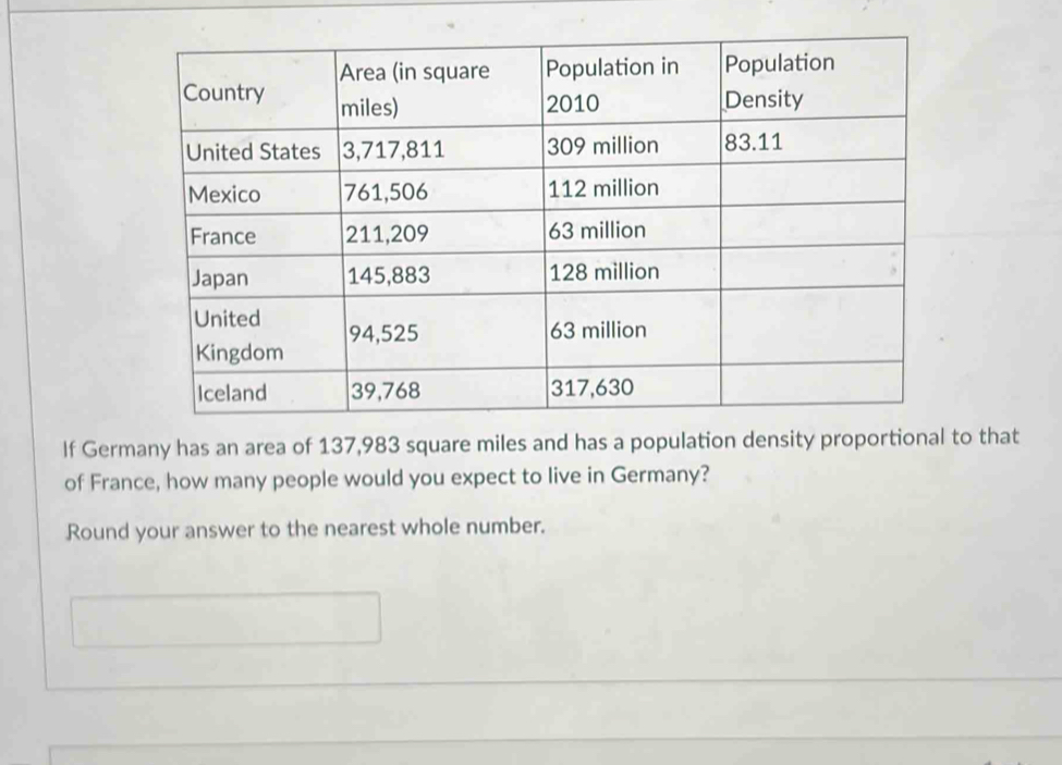 Solved: If Germany has an area of 137,983 square miles and has a ...