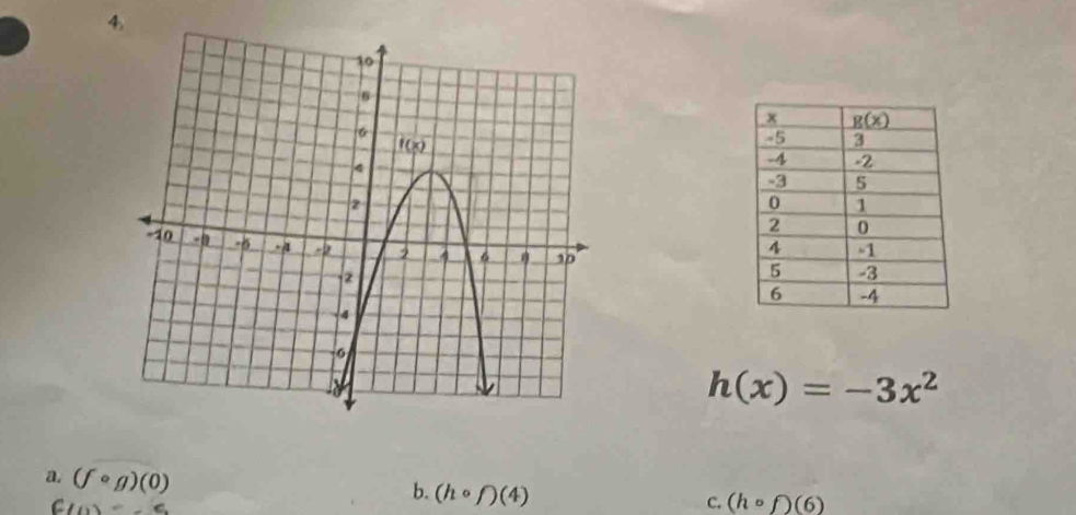 4,

h(x)=-3x^2
a. (fcirc g)(0)
C(0)=-6
b. (hcirc f)(4)
C. (hcirc f)(6)