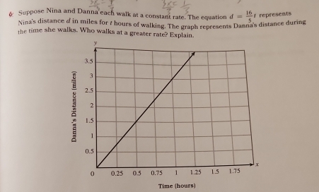 Suppose Nina and Danna each walk at a constant rate. The equation d= 16/5  r represents 
Nina's distance d in miles for t hours of walking. The graph represents Danna's distance during 
the time she walks. Who walks at a greater rate? Explain. 
Time (hours)