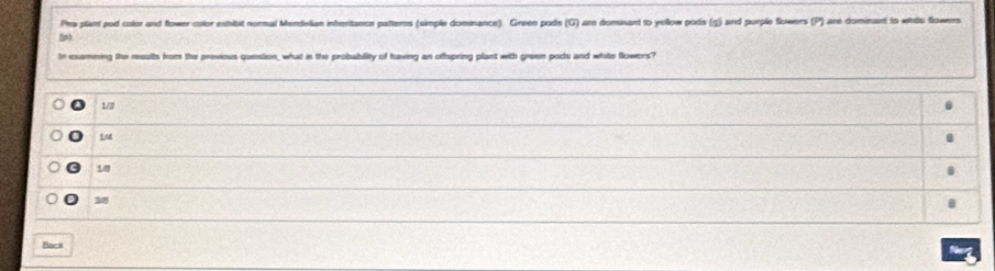 Pra plant pod color and flower color exhitat nornal Mendellan inhertance patteros (simple dominance). Green pode (G) are dominant to yellow pods (g) and purple flowers overline V) are dominant to whdo flowers 
[p)
Io examning the results from the previous question, what is the probability of having an oftspring plant with green pods and white flowers?
1/7
14
18
28
Black