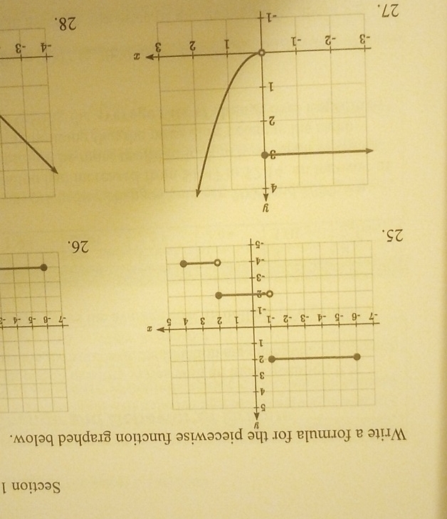 Write a formula for the piecewise function graphed below. 
- 
25. 
26
-4 -3
27. 
28.