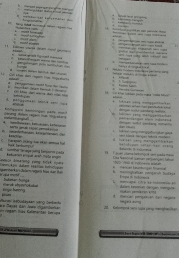 b. menjadi pajangan penghai rianga
mya
C. menunjukkan status 10sial pemita A Dayk letar gringsing
D. kebarg mengale
0  memberikan kęnyamanan dan d humoro C kenstiang mondul
fungsionalitas
10. Yang nidak termasuk dalam ragam hiss 16. Kontribustsignifikan dar gensde Masa
Nusantara yailtu
a. merif binatan)
Perintisan Balém sení rupa intonesia
b mosif tumbuhan A  pengembanigan sení ruga atotrak
C. motif alam b. pengembängan sen ruga klasie
4. monf abstrak C.  membangún khasanah seni nợa
11. Elèmen utama dalam motif geometi global dan membentul wacana
acalah ..
sen rupe yang lebih inklusif dan 
4. kerakteristik figuratif manusia
beragam
b. keseimbøngan wärä dan kontras d. memperkemalkán sem nugé mödem
bungà
hemy di tingkat lokai
c. pengulangan pola tumbuñan dan 17. Pelukis moder indoriesia pertuma yang
d. simetn dalam bentuk dan ukuran belajar mejuãos di Erroga actalah
12. Cirl khas đari ragam hías Yogyakarta b. S. Sudjojana * Afandi 2
adaiah ...
c. Raten Saleh
penggunian mosí flora dan tauna 1d. Hendra Gurawan
b  keunikan dalam bentuk 3 dimensi  18.   Ciri khas lukisan pada masa: ''Irdle Moc''
c. cir khas dari wama dan nlai-nlai
lehidupan
adalah
a. lukisan yang menggambarkan
d. penggunaan teknik seni rupa aktivitas vehari-hari pendudue lokai
Mcrstor ain
dengan sudut pandang realists
. Komposisi kemiringan pada motif b lukisan yang menggambarkan
parang dalam ragam hias Yogyakarta pemandangan alam Indonasia
melambangkafi    
dengan sudut pamdang romants
a.  kewibawaan, kekuisaan, kebesaran dan idealis
serta gerak cepat pemakainya c. lukisan yang menggabungkan gaya
b. kesederhanaan, kesejähteraan, dan seni klasík dengan teknik moder
keadilan d. lukisan yang menggambarkan
c. harapan orang tua akan semua hal Belanda di Indonesia kehidupan sehari-hari orang
baik berkumpul
d. sumber tenaga yang berporos pada 19. Tujuan utama kelompok seni pada masa
kekuatan empat arah mata angin  Cita Nasional (zaman perjuangan) Jahun
Seekor binatang yang tidak nyata 1920-1940 di Indonesia adalah
litemukan dalam realitäs kehidupan a mencari keuntungan finansial
ligambarkan dalam ragam hías dari Bali b. meningkatkan pengaruh budaya
erupa motif_ Eropa di Indonesia
buketan bunga c. mencapai citra ke-Indonesia-an
merak abyorhokokai dalam kesenian dengan menguta
singa barong makan pemɨkiran kritis
pisan d. mencari pengakuan dari negarz
lturasi kebudayaan yang berbeda
negara esing
ərə Dayak dan Jawa digambarkan 20. Kelompok seni rupá yang menghasilkan
im ragam hias Kalimantan berupa
f ...
(Kurkułum Merdeka)  Soré Rupo (VI SMPYMT é Gementor G