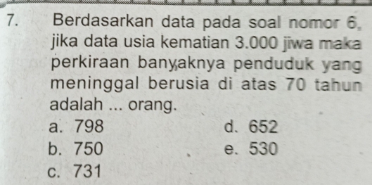 Berdasarkan data pada soal nomor 6.
jika data usia kematian 3.000 jiwa maka
perkiraan banyaknya penduduk yang
meninggal berusia di atas 70 tahun
adalah ... orang.
a. 798 d. 652
b. 750 e. 530
c. 731