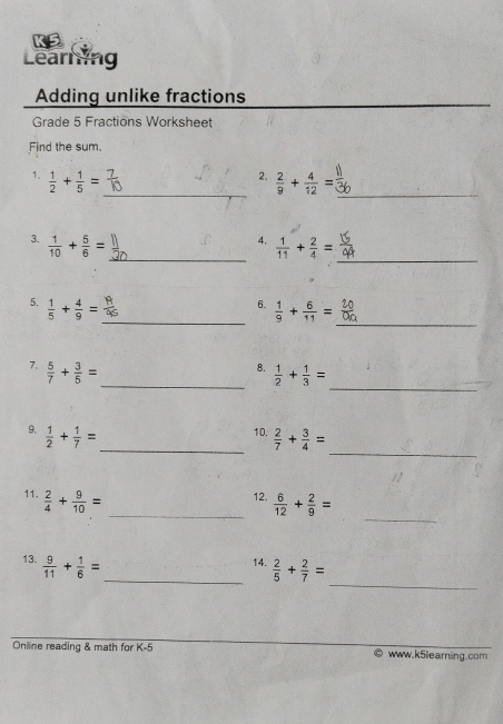 Learning 
Adding unlike fractions 
Grade 5 Fractions Worksheet 
Find the sum 
2. 
1.  1/2 + 1/5 = _  2/9 + 4/12 =
_ 
_ 
3.  1/10 + 5/6 =
_4.  1/11 + 2/4 =
_ 
5.  1/5 + 4/9 =
_6.  1/9 + 6/11 =
7.  5/7 + 3/5 =
_8.  1/2 + 1/3 =
_ 
_ 
9.  1/2 + 1/7 =
_10.  2/7 + 3/4 =
_ 
11.  2/4 + 9/10 =
_12.  6/12 + 2/9 =
_ 
13.  9/11 + 1/6 =
_14.  2/5 + 2/7 =
Online reading & math for K-5 www.k5learning.com