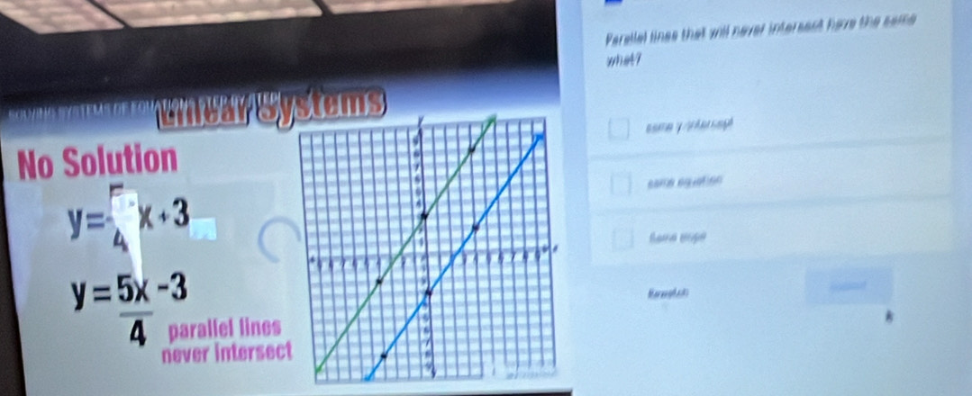 Parellel lines that will never intersent have the same 
what?
erear Stems
No Solution
y=4^-x+3
y= 5x/4 -3 allel lines
never intersec