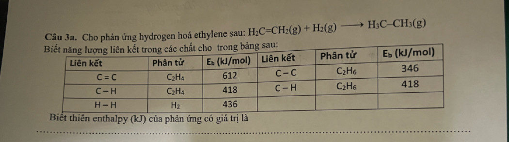 Cho phản ứng hydrogen hoá ethylene sau: H_2C=CH_2(g)+H_2(g)to H_3C-CH_3(g)
Biết thiên enthalpy (kJ) của phản ứng có giá trị là