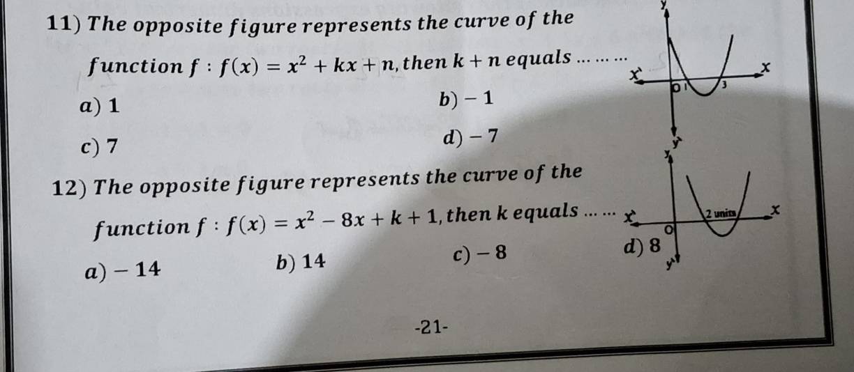 y
11) The opposite figure represents the curve of the
function f:f(x)=x^2+kx+n ,then k+n equals ... ... .
a) 1 b) - 1
c) 7 d) - 7
12) The opposite figure represents the curve of the
function f:f(x)=x^2-8x+k+1 , then k equals ... ..
a) - 14 b) 14 c) - 8
-21 -