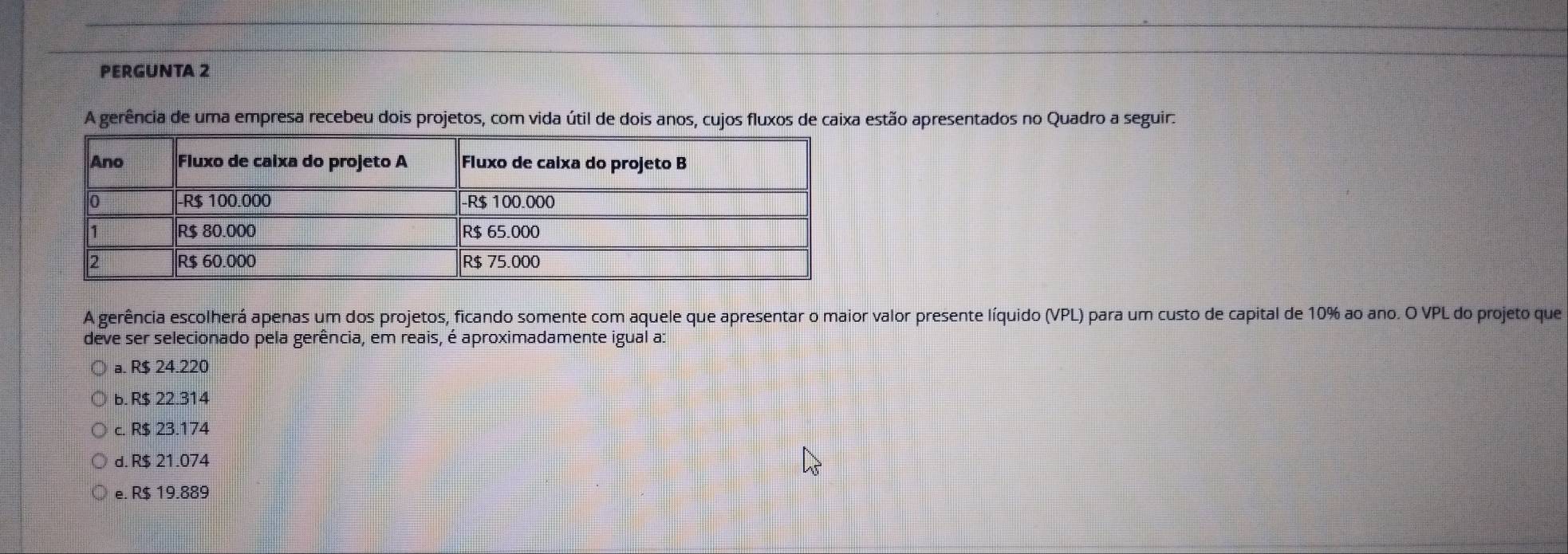 PERGUNTA 2
A gerência de uma empresa recebeu dois projetos, com vida útil de dois anos, cujos fluxos de caixa estão apresentados no Quadro a seguir:
A gerência escolherá apenas um dos projetos, ficando somente com aquele que apresentar o maior valor presente líquido (VPL) para um custo de capital de 10% ao ano. O VPL do projeto que
deve ser selecionado pela gerência, em reais, é aproximadamente igual a
a. R$ 24.220
b. R$ 22.314
c. R$ 23.174
d. R$ 21.074
e. R$ 19.889