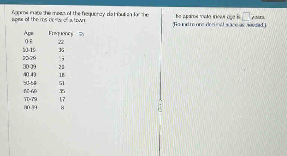 Approximate the mean of the frequency distribution for the The approximate mean age is □ 
ages of the residents of a town. years. 
(Round to one decimal place as needed.)