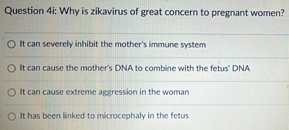 Why is zikavirus of great concern to pregnant women?
It can severely inhibit the mother's immune system
It can cause the mother's DNA to combine with the fetus' DNA
It can cause extreme aggression in the woman
It has been linked to microcephaly in the fetus