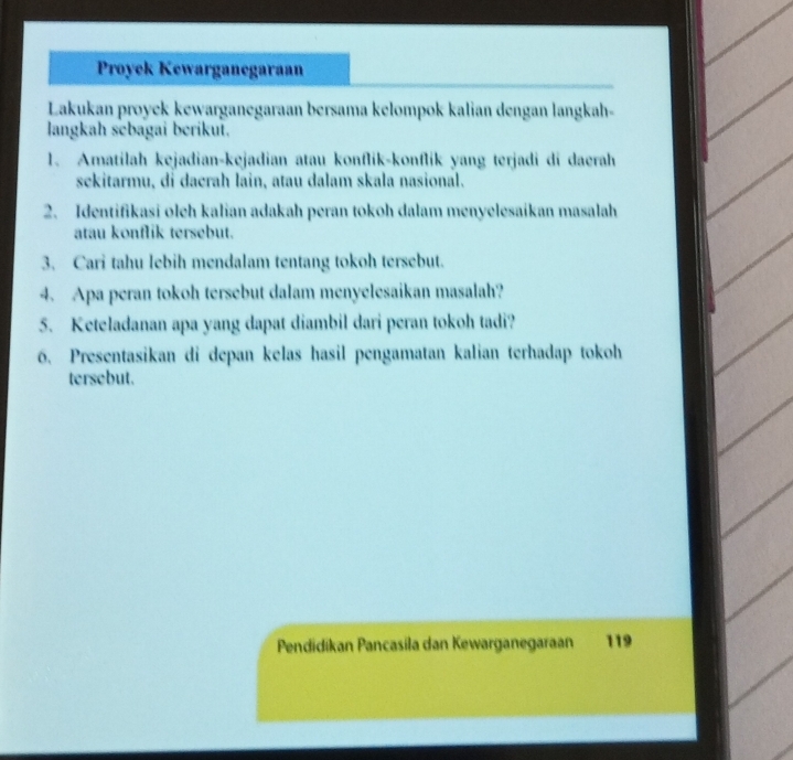 Proyek Kewarganegaraan 
Lakukan proyek kewarganegaraan bersama kelompok kalian dengan langkah 
langkah sebagai berikut. 
1. Amatilah kejadian-kejadian atau konflik-konflik yang terjadi di daerah 
sekitarmu, di dacrah lain, atau dalam skala nasional. 
2. Identifikasi oleh kalian adakah peran tokoh dalam menyelesaikan masalah 
atau konflik tersebut. 
3. Cari tahu lebih mendalam tentang tokoh tersebut. 
4. Apa peran tokoh tersebut dalam menyelesaikan masalah? 
5. Keteladanan apa yang dapat diambil dari peran tokoh tadi? 
6. Presentasikan di depan kelas hasil pengamatan kalian terhadap tokoh 
tersebut. 
Pendidikan Pancasila dan Kewarganegaraan 119