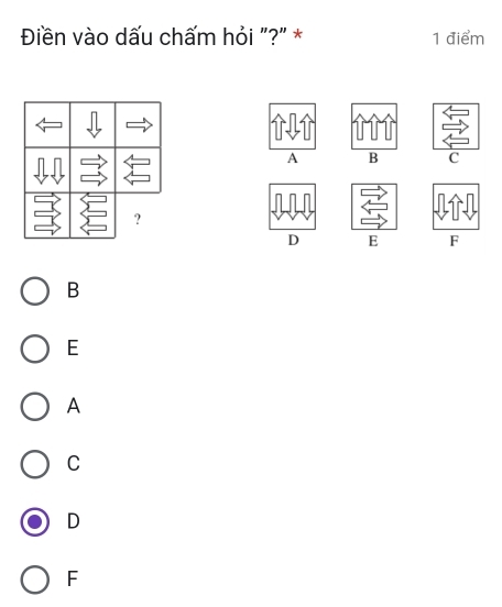 Điền vào dấu chấm hỏi "?" * 1 điểm
A B C
D E F
B
E
A
C
D
F