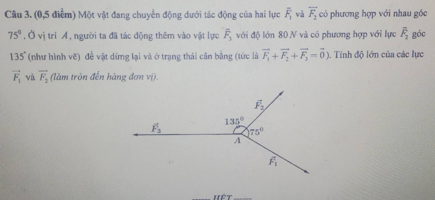 (0,5 điểm) Một vật đang chuyển động dưới tác động của hai lực overline F_1 và vector F_2 có phương hợp với nhau góc
75° , Ở vị trí A, người ta đã tác động thêm vào vật lực vector F_3 với độ lớn 80 N và có phương hợp với lực overline F_2 góc
135° (như hình vẽ) đề vật dừng lại và ở trạng thái cân bằng (tức là vector F_1+vector F_2+vector F_3=vector 0).  Tính độ lớn của các lực
vector F_1 và vector F_2 (làm tròn đến hàng đơn vị).
hêt_