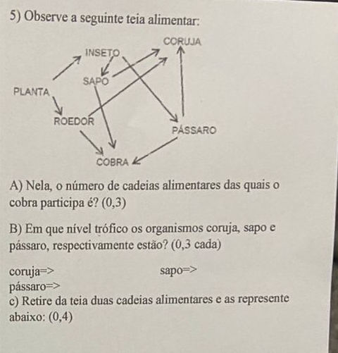 Observe a seguinte teia alimentar:
A) Nela, o número de cadeias alimentares das quais o
cobra participa é? (0,3)
B) Em que nível trófico os organismos coruja, sapo e
pássaro, respectivamente estão? (0,3 cada)
coruja sapo=
pássaro
c) Retire da teia duas cadeias alimentares e as represente
abaixo: (0,4)