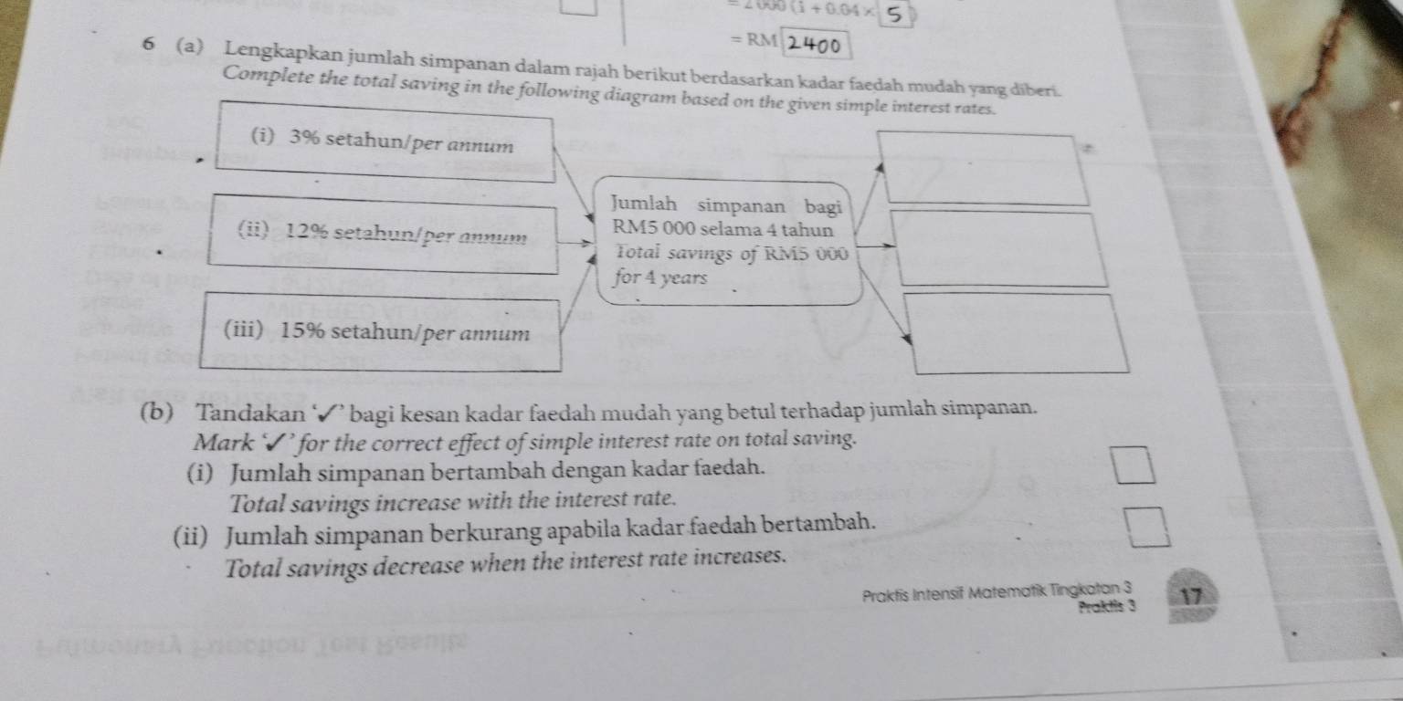 000(1+0.04x
= RM
6 (a) Lengkapkan jumlah simpanan dalam rajah berikut berdasarkan kadar faedah mudah yang diberi. 
Complete the total saving in the following diagram based on the given simple interest rates. 
(i) 3% setahun/per annum 
Jumlah simpanan bagi 
(ii) 12% setahun/per annum RM5 000 selama 4 tahun 
Total savings of RM5 000
for 4 years
(iii) 15% setahun/per annum 
(b) Tandakan ‘✔’ bagi kesan kadar faedah mudah yang betul terhadap jumlah simpanan. 
Mark ✔’ for the correct effect of simple interest rate on total saving. 
(i) Jumlah simpanan bertambah dengan kadar faedah. 
Total savings increase with the interest rate. 
(ii) Jumlah simpanan berkurang apabila kadar faedah bertambah. 
Total savings decrease when the interest rate increases. 
Praktis Intensif Matematik Tingkatan 3 17
Praktis 3