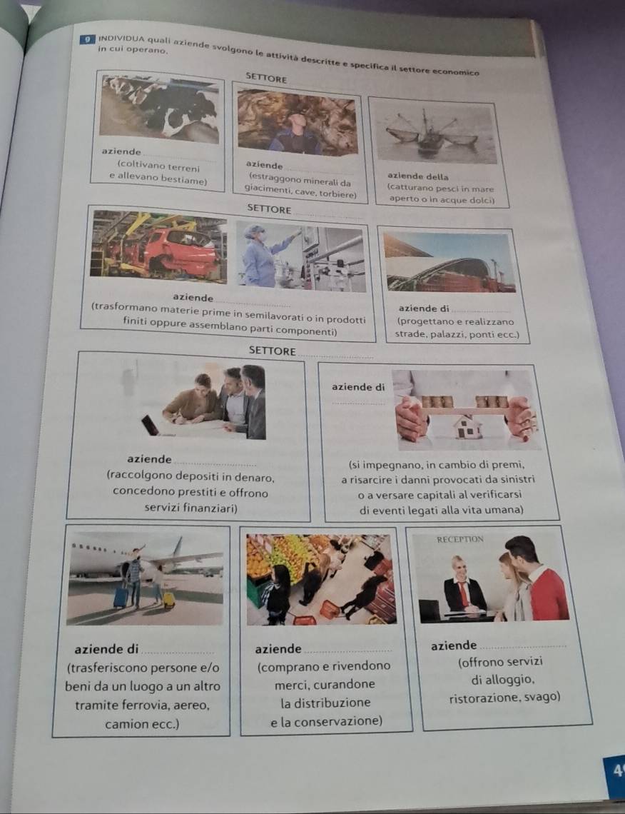 in cui operano. 
DE INDIVIDUA quali aziende svolgono le attività descritte e specifica il settore economico 
SETTORE 
aziende_ 
(coltivano terreni aziende_ 
aziende della 
(estraggono minerali da (catturano pesci in mare 
e allevano bestiame) giacimenti, cave, torbiere) aperto o in acque dolci) 
SETTORE 
aziende 
aziende di 
(trasformano materie prime in semilavorati o in prodotti (progettano e realizzano 
finiti oppure assemblano parti componenti) strade, palazzi, ponti ecc.) 
SETTORE 
aziende di 
_ 
aziende 
(si impegnano, in cambio di premi, 
(raccolgono depositi in denaro, a risarcire i danni provocati da sinistri 
concedono prestiti e offrono o a versare capitali al verificarsi 
servizi finanziari) di eventi legati alla vita umana) 
RECEPTION 
aziende di _aziende_ aziende_ 
(trasferiscono persone e/o (comprano e rivendono (offrono servizi 
beni da un luogo a un altro merci, curandone di alloggio, 
tramite ferrovia, aereo, la distribuzione ristorazione, svago) 
camion ecc.) e la conservazione) 
4