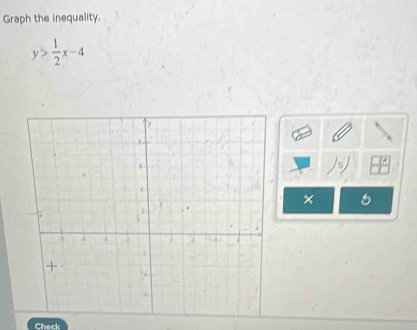 Graph the inequality.
y> 1/2 x-4
Check