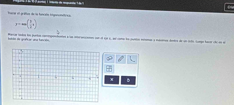 Pregunia 3 de 10 (1 punto) l Intento de respuesta: 1 de 1 
Cris 
Trazar el gráfico de la función trigonométrica.
y=sec ( 3/2 x)
botón de graficar una función. Marcar todos los puntos correspondientes a las intersecciones con el eje x, así como los puntos mínimos y máximos dentro de un ciclo. Luego hacer clic en el 
×