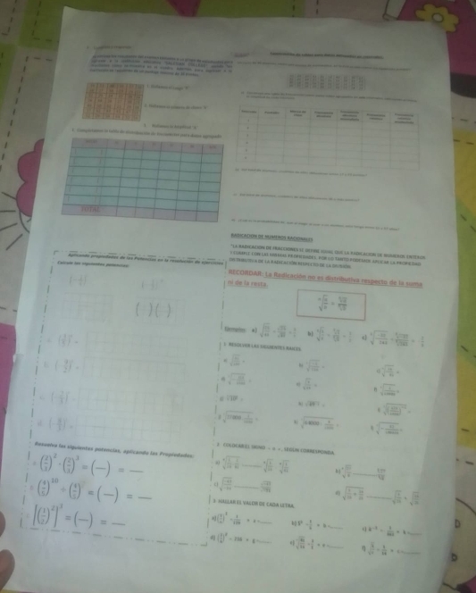 —    —  
-       - -      -  … …   -  .
a
   
         
1. compintamos ln tabós de eetonación de foncunctán para dana apopa                   
       
TOTAl
RadicacióN dE NUMtRos rAcional es
*La rAdHEAcIo de FrAccHWEnSe dEFibe iGAl que la RAdilAción de BUMerOn ENtero
y ( LFE CON LAG WN B FFOPN DADES. FOR 1O TANE FODE LADN ABLIE AB LA PAOREIAG
de truteva de la radiación respecro de la saubión
alól é a   praaada pomplaliades de las Padancics en la costución de erprcaiión RECORDAR: La Radicación no es distributiva respecto de la suma
(- 1/4 ) -31° ni de la resta.
frac 
sqrt[n](frac a)b= 110/100 
temeres *) sqrt(frac 99)49+ sqrt(13)/sqrt(39) = 3/4  b| sqrt[6](frac 4)7=frac 1frac  4/5 frac frac 1^1= 2/7 = 1/1  c
(frac 3])^n-=
1 RESOLVER LAS GGGNEVIES RAICES sqrt[4](frac -12)142tan 120°=- 1/2 
(- 9/2 )^n=
sqrt(frac 4)100= sqrt[3](frac -3) sqrt() sqrt[3](frac -1)164= d sqrt[3](frac 76)89=
sqrt[3](-frac 29)sqrt(m)84endarray =0= sqrt( 1)/12 = η sqrt[3](frac 1)12006
(- 2/3 )^0
VIO'=
∠ BCT= sqrt((1+]8)3+3sqrt [frac □ (_ 4))^-1=
 (- 8/3 )^2=. sqrt(2100frac 1)- 1/2006 = U sqrt(40001frac 1)1000= sqrt(-frac 41)120
Resuelve las siguientas potencias, aplicando las Propiedados: 2 COCOCABE SONO = σ = . AEGUN CORRESPONDA
( 2/3 )^2· ( 2/3 )^3=(frac )= _
sqrt[4](frac 1)12- 1/6  _ sqrt[3](frac 1)12sqrt[3frac 1sqrt frac sqrt 3](frac 1)4 b sqrt[4](frac 12)4_ - 18/12  _
sqrt(frac -49)-6endarray   20/20  sqrt(frac 1)m+frac 12m _ sqrt(frac 1)10+sqrt(frac 26)
( 4/5 )^10/ ( 4/5 )^□ =(frac )= _3. HAELAR ES VAGOR ON CADA LETRA.
[( 1/2 )^2]^3=(frac )= _
D
( 9/n- )^2- 1/3 5=x= _ 60 3^2- 1/6 =3 _ q a^(-1)- 1/6a^2 =a _
( 1/4 )^2-20k+8 _ sqrt(frac 6t)12-frac 8-frac +t=++ 2/t +r _η frac overline 3sqrt(2)-frac 1overline 64=c _D