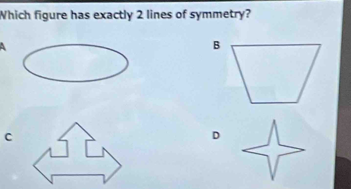 Which figure has exactly 2 lines of symmetry?
A
C
D