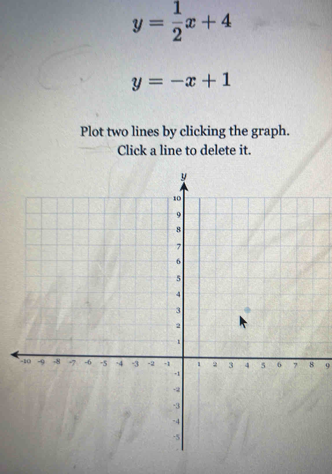 y= 1/2 x+4
y=-x+1
Plot two lines by clicking the graph.
Click a line to delete it.
9