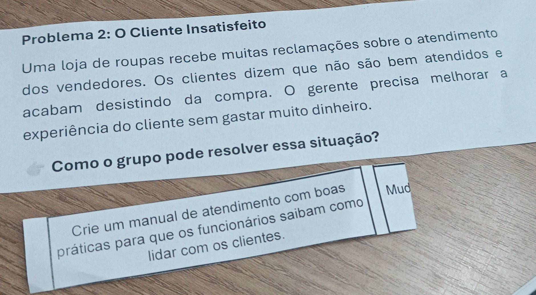 Problema 2: O Cliente Insatisfeito 
Uma loja de roupas recebe muitas reclamações sobre o atendimento 
dos vendedores. Os clientes dizem que não são bem atendidos e 
acabam desistindo da compra. O gerente precisa melhorar a 
experiência do cliente sem gastar muito dinheiro. 
Como o grupo pode resolver essa situação? 
Crie um manual de atendimento com boas 
Mud 
práticas para que os funcionários saibam como 
lidar com os clientes.