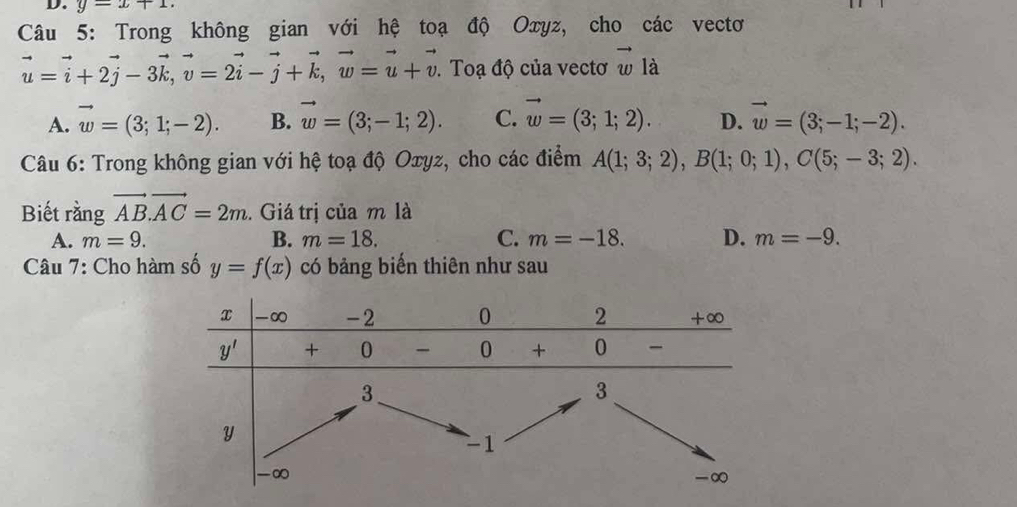 y=x+1.
Câu 5: Trong không gian với hệ toạ độ Oxyz, cho các vectơ
vector u=vector i+2vector j-3vector k,vector v=2vector i-vector j+vector k,vector w=vector u+vector v.Toạ độ của vectơ vector w là
A. vector w=(3;1;-2). B. vector w=(3;-1;2). C. vector w=(3;1;2). D. vector w=(3;-1;-2).
Câu 6: Trong không gian với hệ toạ độ Oxyz, cho các điểm A(1;3;2),B(1;0;1),C(5;-3;2).
Biết rằng vector AB.vector AC=2m. Giá trị của m là
A. m=9. B. m=18. C. m=-18. D. m=-9.
Câu 7: Cho hàm số y=f(x) có bảng biển thiên như sau