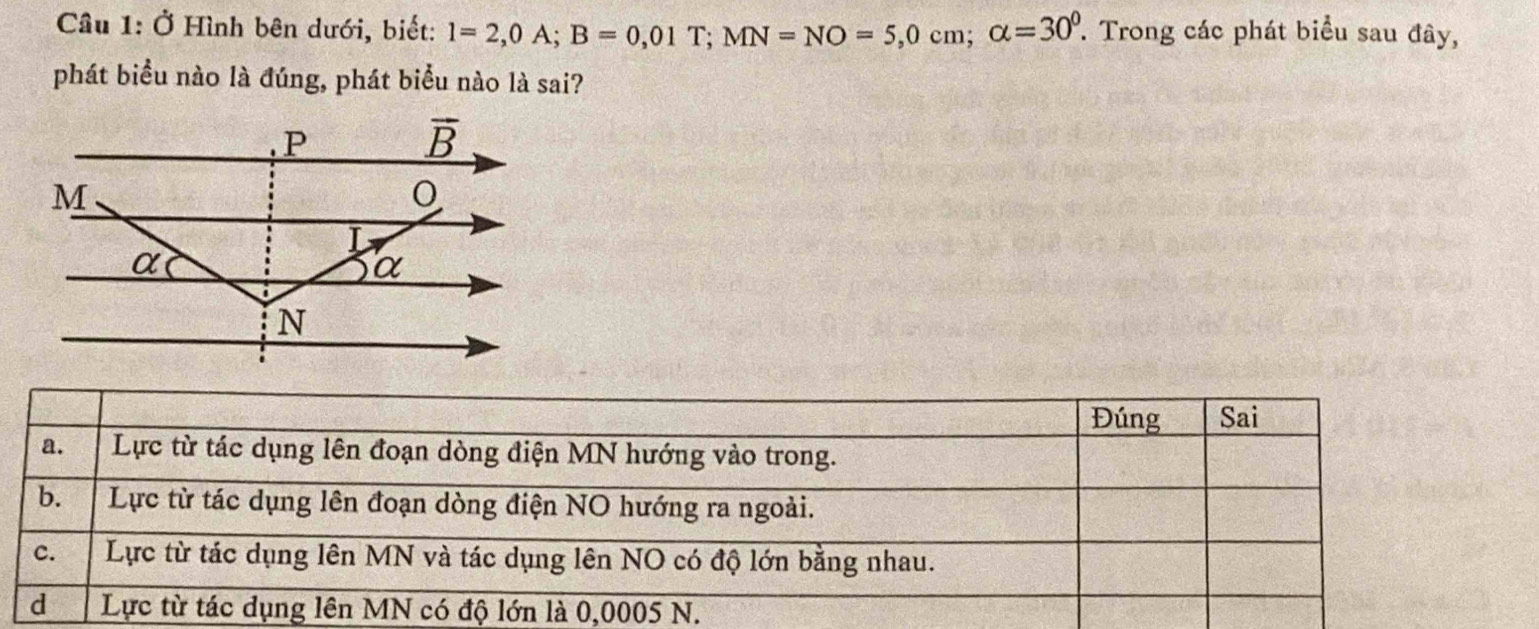 Câầu 1: Ở Hình bên dưới, biết: 1=2,0A;B=0,01T;MN=NO=5,0cm;alpha =30^0. Trong các phát biểu sau đây,
phát biểu nào là đúng, phát biểu nào là sai?
Đúng Sai
a. Lực từ tác dụng lên đoạn dòng điện MN hướng vào trong.
b. Lực từ tác dụng lên đoạn dòng điện NO hướng ra ngoài.
c. Lực từ tác dụng lên MN và tác dụng lên NO có độ lớn bằng nhau.
d  Lực từ tác dụng lên MN có độ lớn là 0,0005 N.