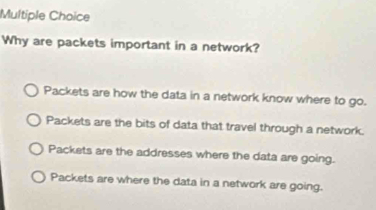 Why are packets important in a network?
Packets are how the data in a network know where to go.
Packets are the bits of data that travel through a network.
Packets are the addresses where the data are going.
Packets are where the data in a network are going.