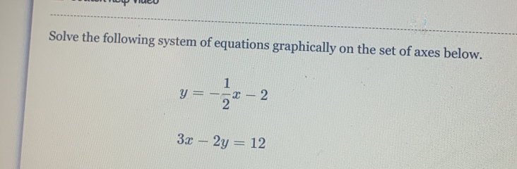 Solve the following system of equations graphically on the set of axes below.
y=- 1/2 x-2
3x-2y=12